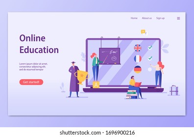 People studying online with laptop. Online education and e-learning. Concept of successful studying, online lesson, modern education.  Vector illustration in flat design