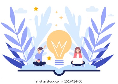 People studying online, produce new ideas, concept of education and ideas.Flat vector illustration isolated on white background. Can use for web banner, infographics, web page.