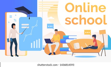 People Studying At Online School, Home Interior And Teacher. Service, Literature, Study Concept. Presentation Slide Template. Vector Illustration For Topics Like Knowledge, Education, Online School