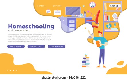 People studying at online school, home interior, student room. Service, literature, study concept. Presentation slide template, landing page. Vector illustration for topics like knowledge, education.