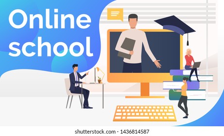 People Studying At Online School, Textbooks And Teacher. Service, Literature, Study Concept. Presentation Slide Template. Vector Illustration For Topics Like Knowledge, Education, Online School