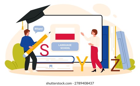 People studying Polish language at school with books, alphabet letters and national flag on whiteboard, modern education and foreign course promotion isolated on white background vector illustration. Translation: hello