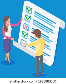 People studying questionnaire. Characters check and grade test. Man consults with woman and discuss. Cartoon characters standing near big checklist and summarizing results. Colleagues study answers
