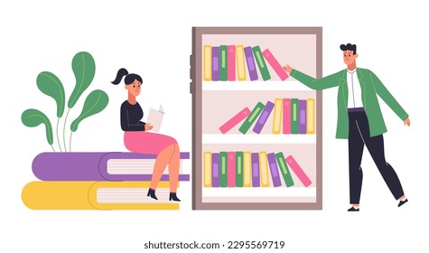 People studying and reading library books. Woman sitting on pile of textbooks. Cartoon boy using online application for learning. Getting knowledge from literature vector illustration