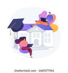 People studying remotely, e learning. Home education, distance learning, online college. University students with laptops, internet training courses. Vector isolated concept metaphor illustration