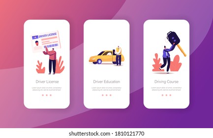 People Studying in School for Driver License Mobile App Page Onboard Screen Template. Tiny Characters Learning to Drive Car, Passing Exam, Permission Auto Owning Concept. Cartoon Vector Illustration