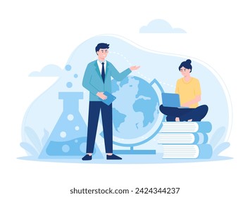 People are studying science and globe trending concept flat illustration