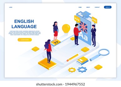 People studying with smartphone, books and practicing reading, listening and speaking in English. Flat metaphor outline cartoon vector illustration concept. Simple art isolated on white background.