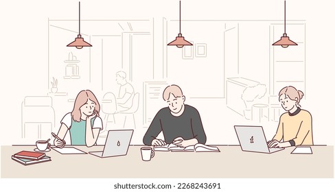 People studying at a study cafe. Hand drawn style vector design illustrations.
