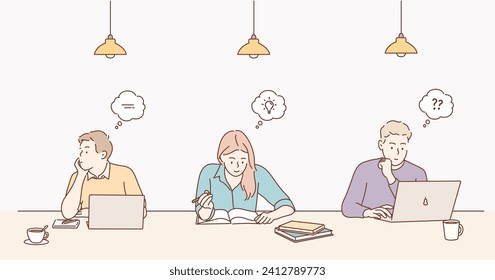 People studying at a study cafe. Hand drawn style vector design illustrations.