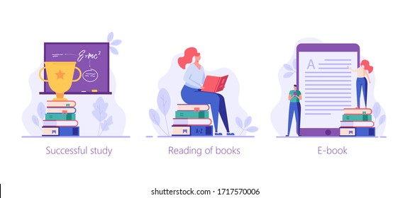 People studying and teaching online. Reading books and e-learning. Concept of successful studying, online lesson, modern education.  Vector illustration in flat design