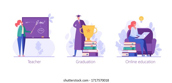 People studying and teaching online. Reading books and e-learning. Concept of successful studying, online lesson, modern education.  Vector illustration in flat design