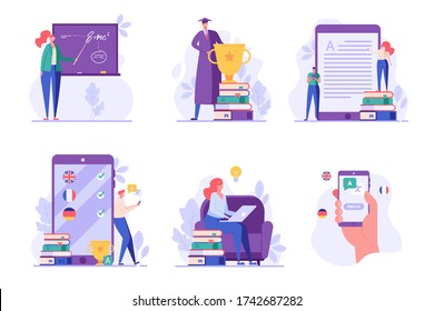 People studying and teaching online. Reading books and e-learning. Concept of successful studying, online lesson, modern education, learning language. Vector illustration in flat design