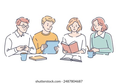 People studying together flat vector illustration on white background