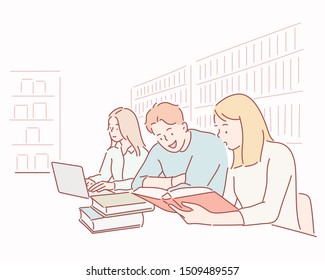 People studying together. Hand drawn style vector design illustrations.