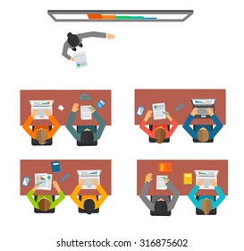 People studying at the university or college, sitting behind the desks. Teacher is giving a lecture, vector illustration. Top view of classroom, vector illustration