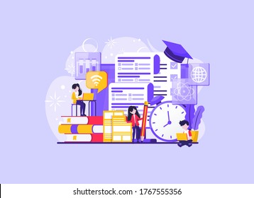 People Studying For University Exam. Student Writing, Taking Distant Test On Computer. Concept Of Online Exam, Online Survey, Testing, E-learning. Vector Illustration In Flat Design For UI, Banner, Mobile App. V