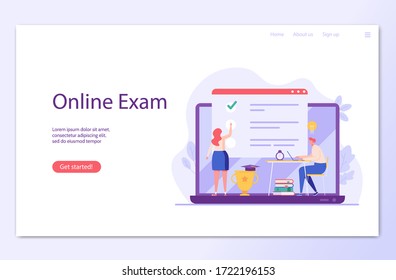 People studying university exam temporarily. Students writing distance test. Concept of online exam, online survey, testing, e-learning. Vector illustration in flat design for UI, banner, landing page