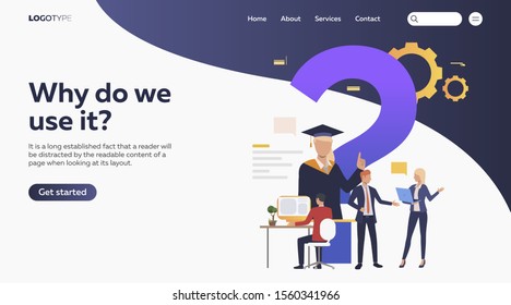 People studying via internet. Faq, online education, inquiry flat vector illustration. Search engine concept for banner, website design or landing web page