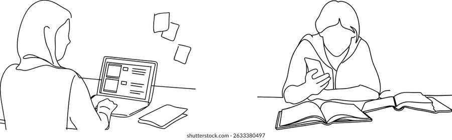 People studying working using laptop and smartphone with books and notes in black outline