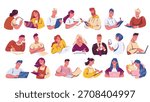 People studying, working, and writing in different poses, using books, laptops, and paper. Colorful cartoon doodle vector illustration of people for education, office projects, websites, or apps.