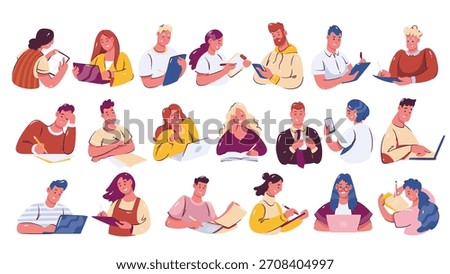 People studying, working, and writing in different poses, using books, laptops, and paper. Colorful cartoon doodle vector illustration of people for education, office projects, websites, or apps.