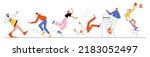 People stumble on stairs, fall down from high, ladder and stool, slip on banana peel. Vector flat illustration of men and women drop from staircase, slide on floor, falling