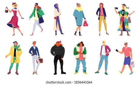 People in stylish outfit collection, set of women and men wearing trendy clothes, isolated vector illustrations. Young fashionable people dressed in outfits, clothing in modern style, casual apparel.