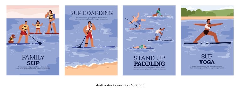 People sub boarding or paddle boarding - posters set templates flat vector illustration. Concepts of summer water sport, family stand up paddling and sup yoga.