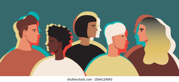 People with subpersonality, Self-help group. Flat vector stock illustration. Schizophrenia, depersonalization of people. Self-help people. Isolated illustration