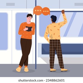 People in subway car concept. Men stand in train and communicate. Passengers with urban infrastructure. Travel and trip. Citizens with rapid transit. Cartoon flat vector illustration