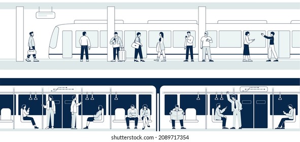 People in subway. Commuter train station, inside underground. Woman man transportation in metro, business person in public transport recent vector scenes