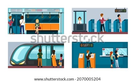 People in subway illustration set. Male and female characters pass through turnstile and await arrival of train buy tickets at box office and study online maps train route. Vector cartoon travel.