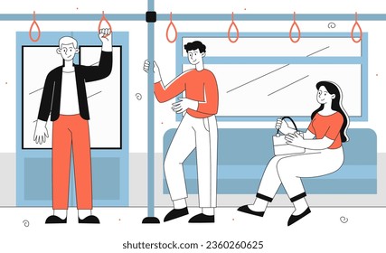 People in subway line concept. Men and women in train cabin. Passengers, tourists and travellers. Urban unfrastructure. Trip on train. Poster or banner. Linear flat vector illustration