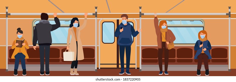 People in subway, male and female characters with protective masks on faces. Humans sitting and standing in metro. Coronavirus pandemic. Vector illustration.