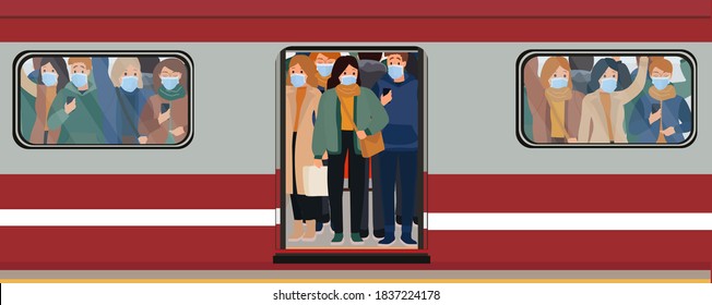 People in subway, male and female characters with protective masks on faces. Coronavirus pandemic. Vector illustration.