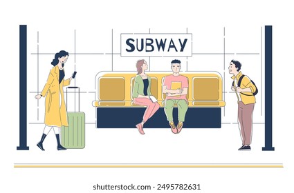 People in subway. Men and women on train platform. Urban infrastructure and public transport. Passengers at train. Underground metro. Linear vector illustration isolated on white background