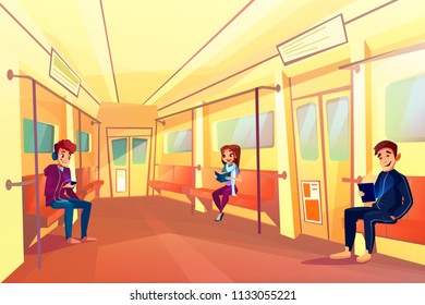 People in subway metro vector illustration of teen boys and girls in train. Young woman and man sitting on seats, reading book or watching video on tablet and listening music in smartphone earphones