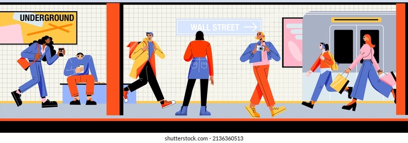 People at subway platform with train leaving metro station. Passengers stand, walk or sit at underground tunnel. Tourists and citizen characters use urban public transport Line art vector illustration