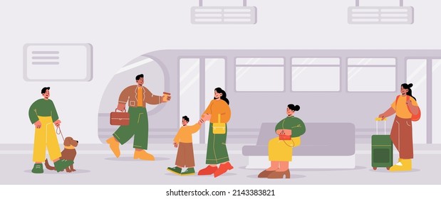 People at subway platform with train at metro station. Passengers stand, walk or sit at underground tunnel. Tourists and citizen characters use urban public transport, Line art vector illustration