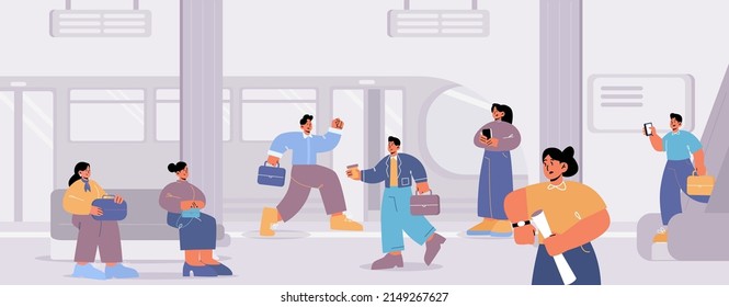 People at subway platform with train at metro station. Passengers hurry, stand, walk or sit on bench at underground tunnel. Characters use public transport, city life, Line art vector illustration