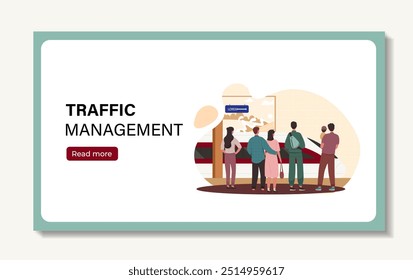 People in subway poster. Traffic management. Men and women at station near train. City infrastructure. Landing page design. Flat vector illustration isolated on white background