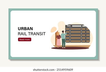 People in subway poster. Urban rail transit. Man and woman near department. City infrastructure. Travel and trip, tourism. Landing page design. Flat vector illustration isolated on white background