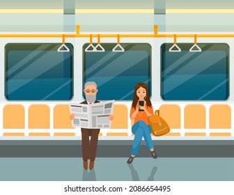 People in subway, sitting in train car with seats and handrails. Elderly man reads newspaper and woman listens to music on smartphone in subway train. Public underground transport passengers