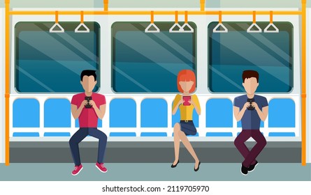 People in subway, sitting in train car with seats and handrails. Elderly man reads newspaper and woman listens to music on smartphone in subway train. Public underground transport passengers