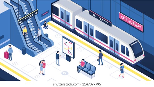 People at subway station. Can use for web banner, infographics, hero images. Flat isometric vector illustration isolated on white background.