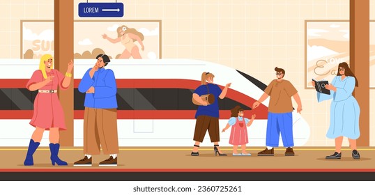 People at subway station concept. Men and women with kids near train. Urban infrastructure, travels and trips to city. Citizens at railroad platform. Cartoon flat vector illustration