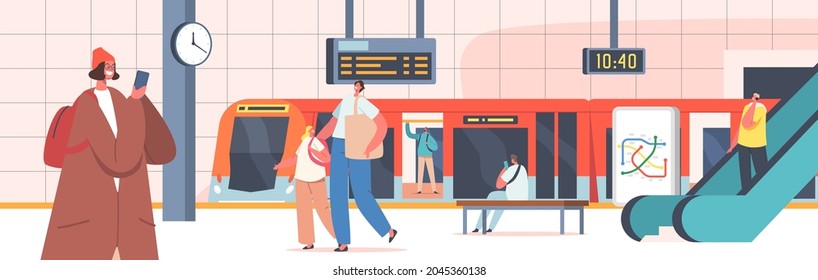 People at Subway Station with Train, Escalator, Map, Clock and Digital Display. Male and Female Characters at Public Metro Platform, Urban Commuter, City Transport. Cartoon Vector Illustration