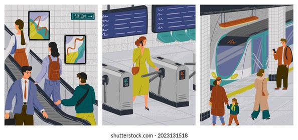 People at subway station vector illustration set. Passengers at metro platform waiting for subway train. People on escalator. Woman with mobile phone passing turnstile. Urban public transport concept