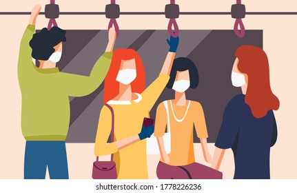 People in subway train, bus tram public transport wearing medical masks to protect from coronavirus, limiting mass transit to prevent corona virus disease covid-19 spread concept vector illustration.
